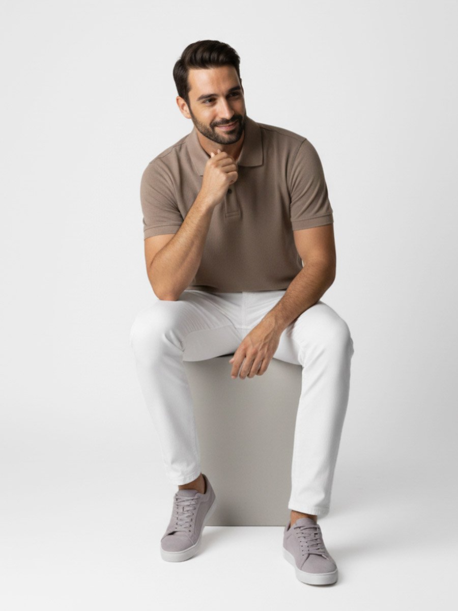 Men Beige Textured Short Sleeve Polo