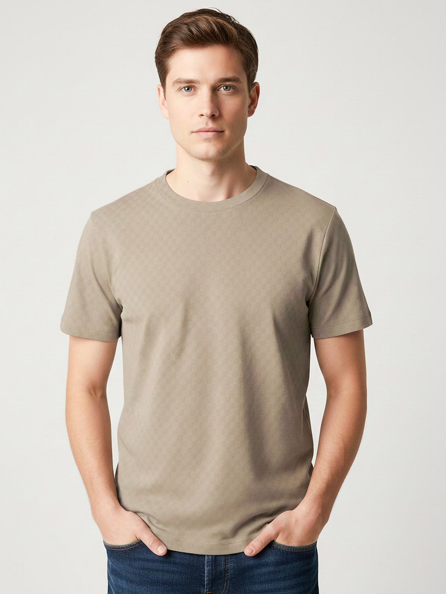 Men Beige Textured Crew Neck T-Shirt