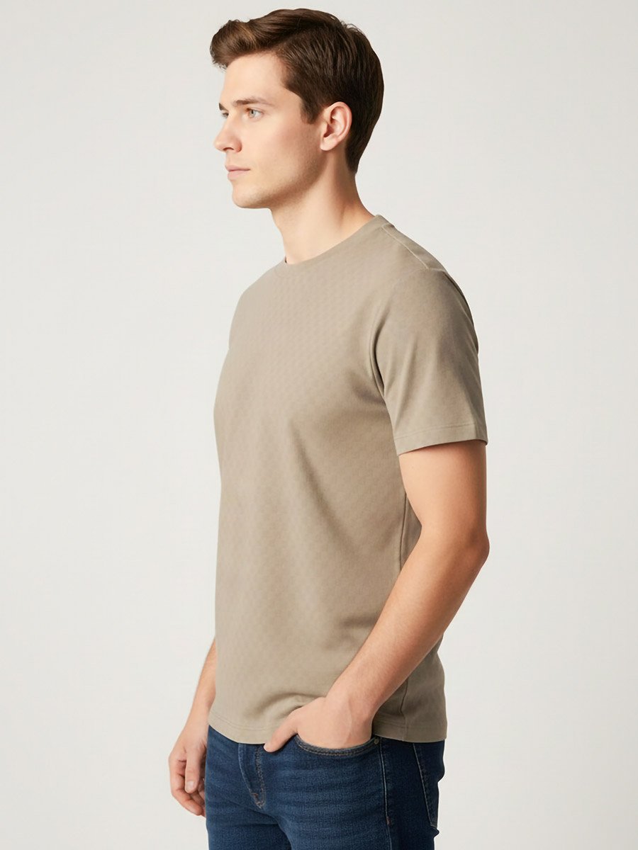 Men Beige Textured Crew Neck T-Shirt