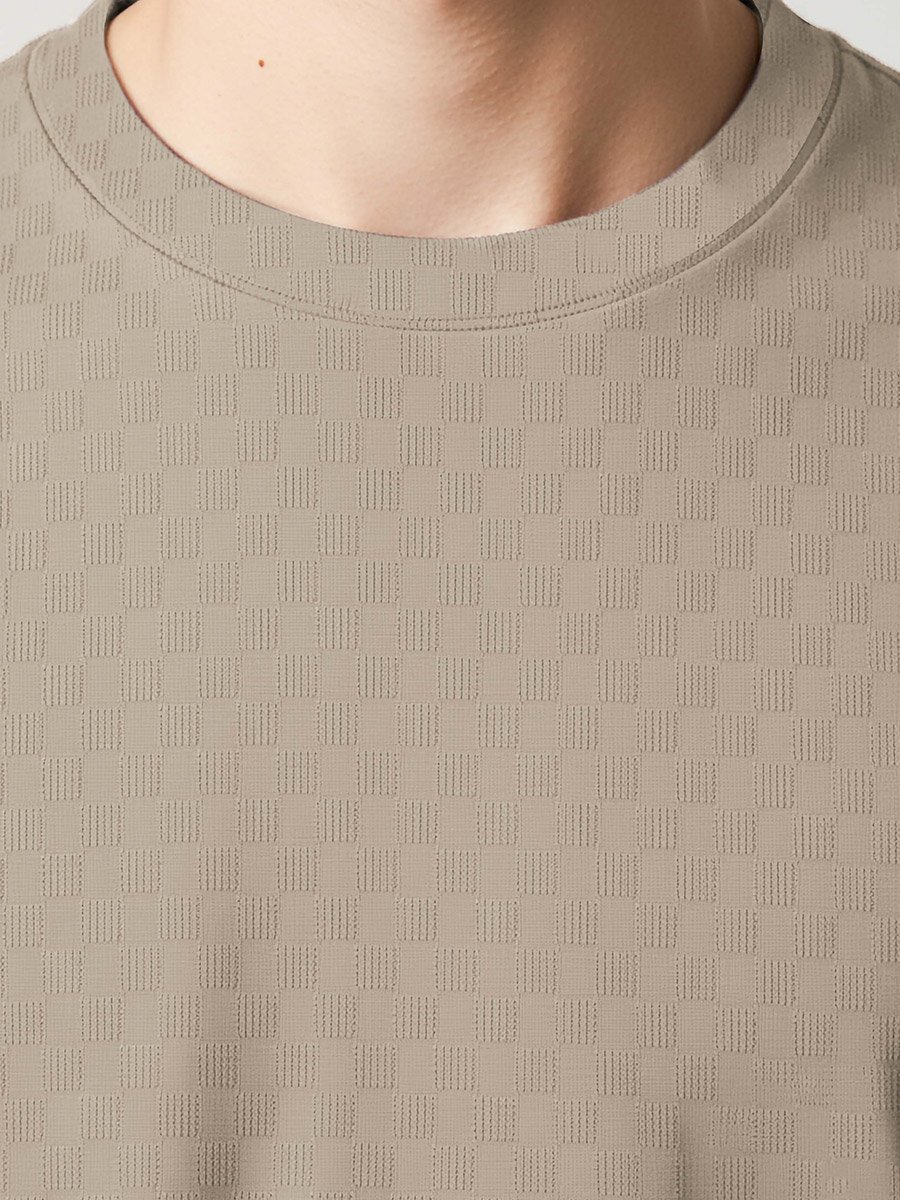 Men Beige Textured Crew Neck T-Shirt