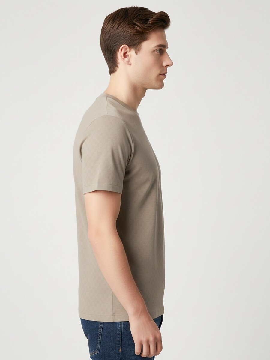 Men Beige Textured Crew Neck T-Shirt