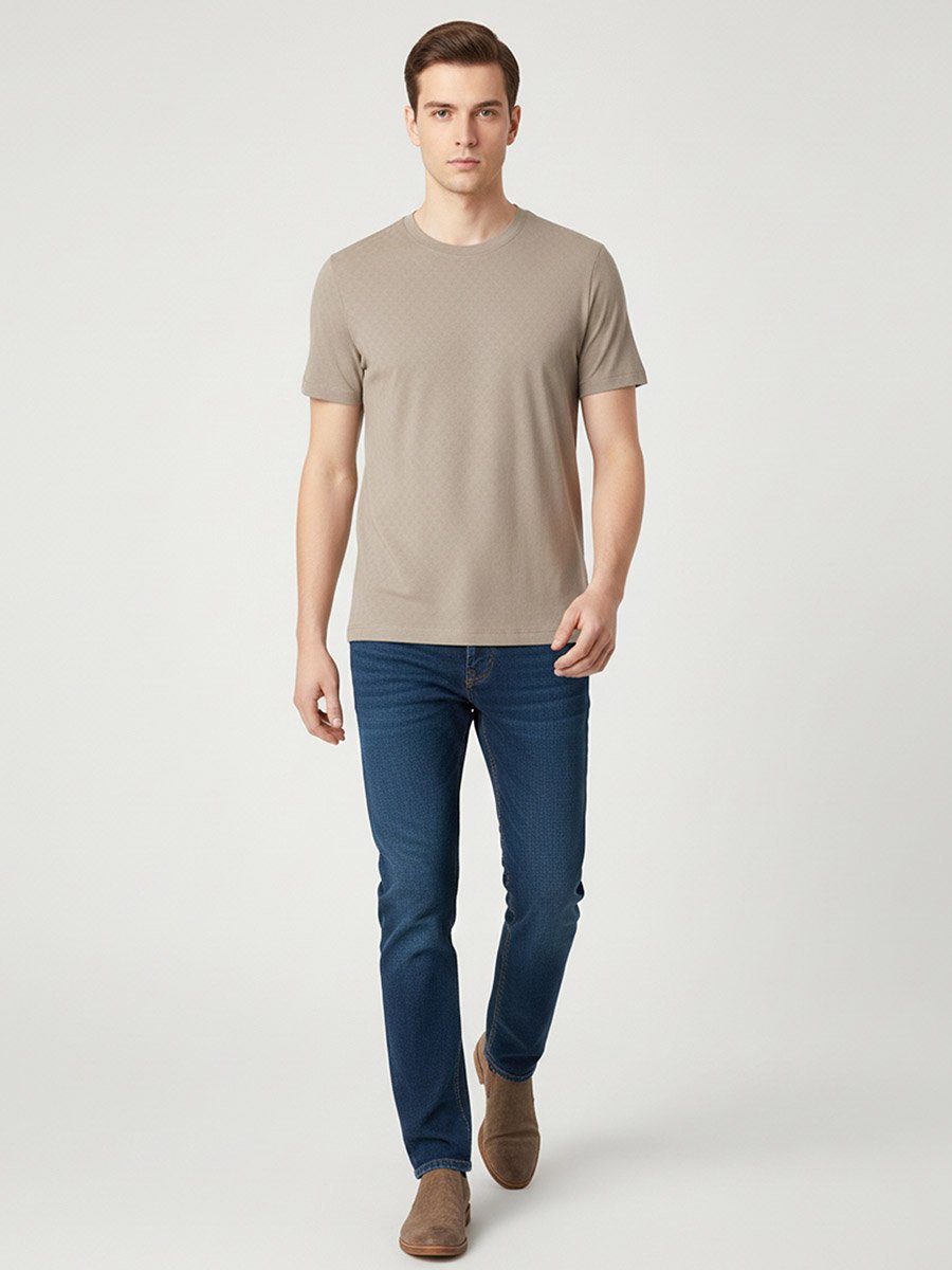 Men Beige Textured Crew Neck T-Shirt