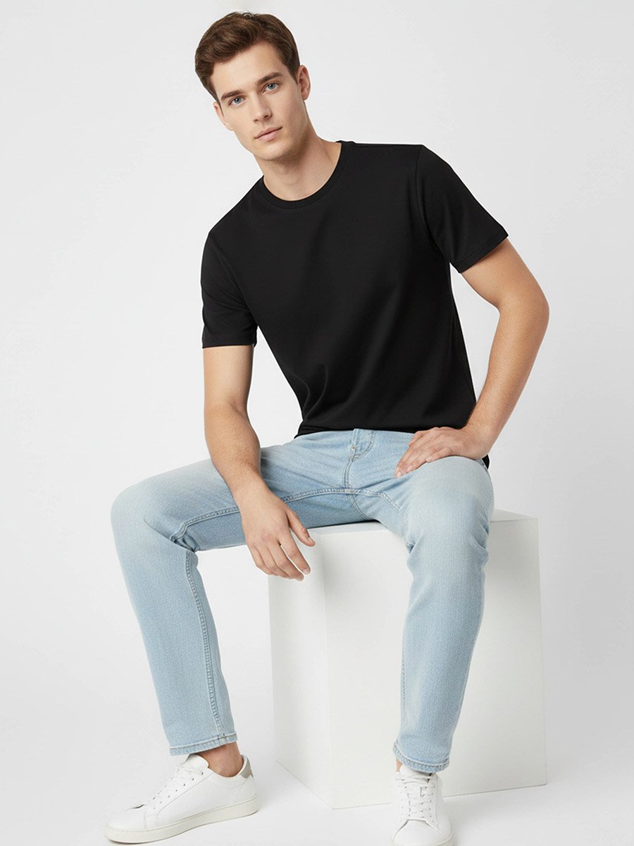 Men Round Neck Acid Wash Cotton T-Shirt