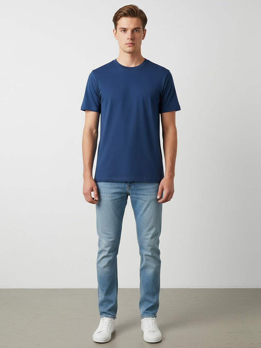 Men Navy Blue Round Neck Cotton T-Shirt