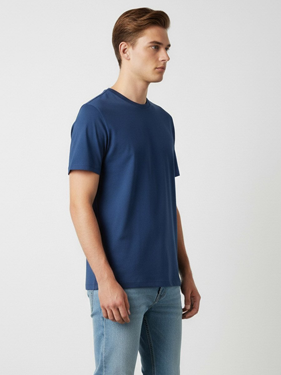 Men Navy Blue Round Neck Cotton T-Shirt