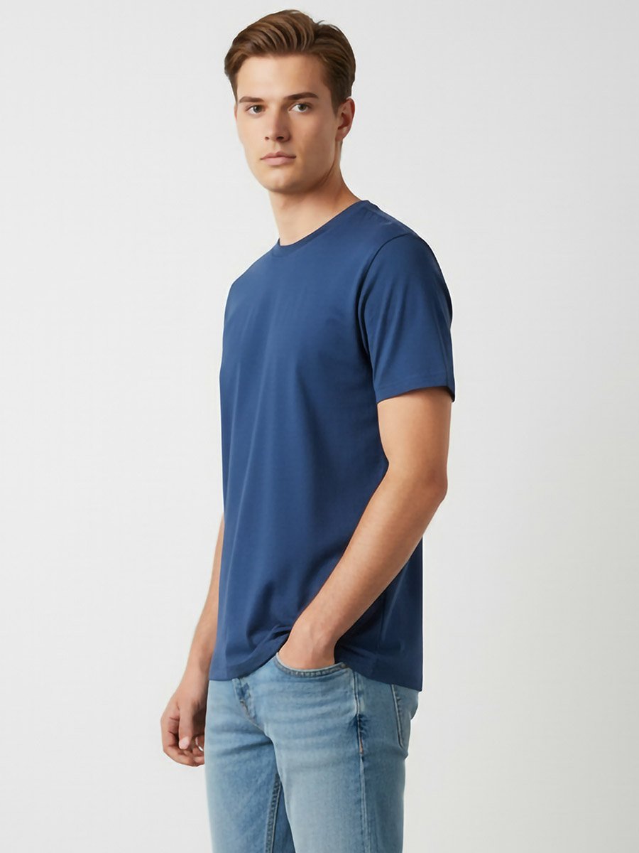 Men Navy Blue Round Neck Cotton T-Shirt