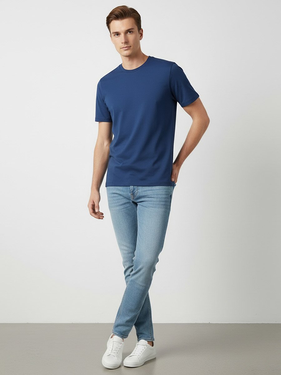 Men Navy Blue Round Neck Cotton T-Shirt