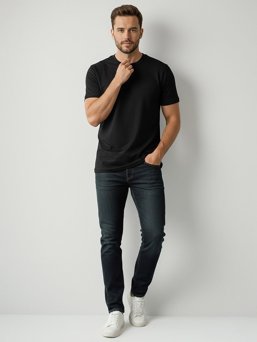 Men Black Cotton Crew Neck T-Shirt