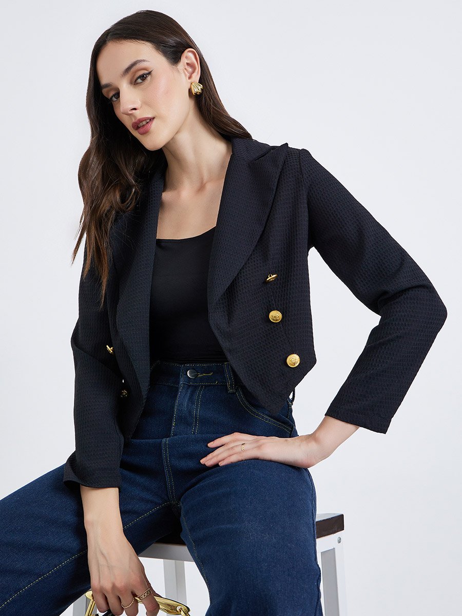 Women Solid Button Front Long Sleeve Jacket