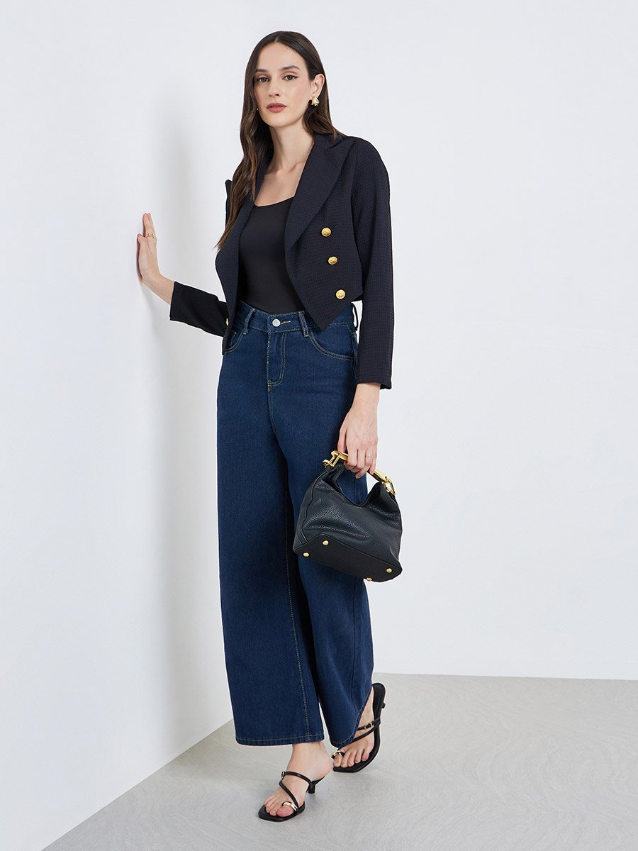 Women Solid Button Front Long Sleeve Jacket