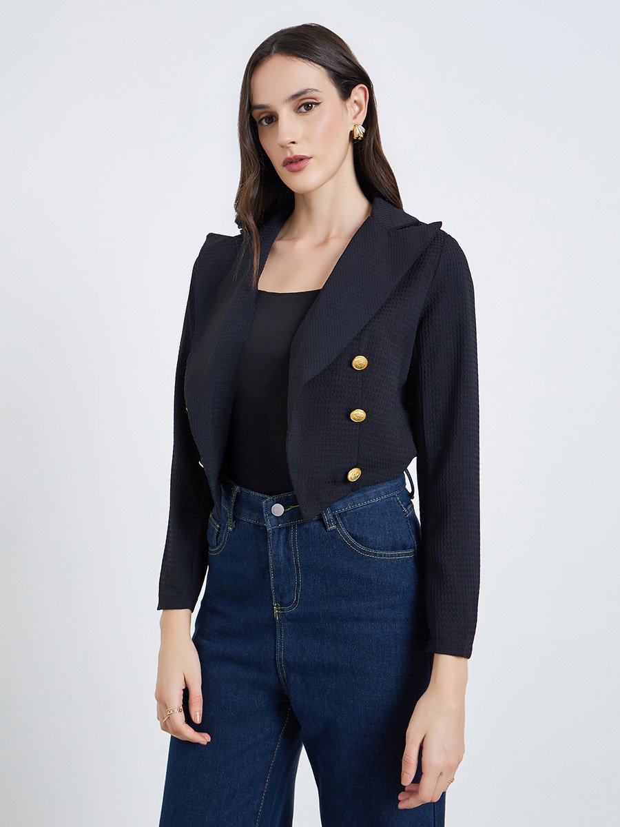 Women Solid Button Front Long Sleeve Jacket
