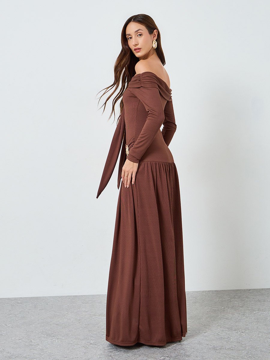 Women Off Shoulder Flower Metal Buckle Maxi Dress