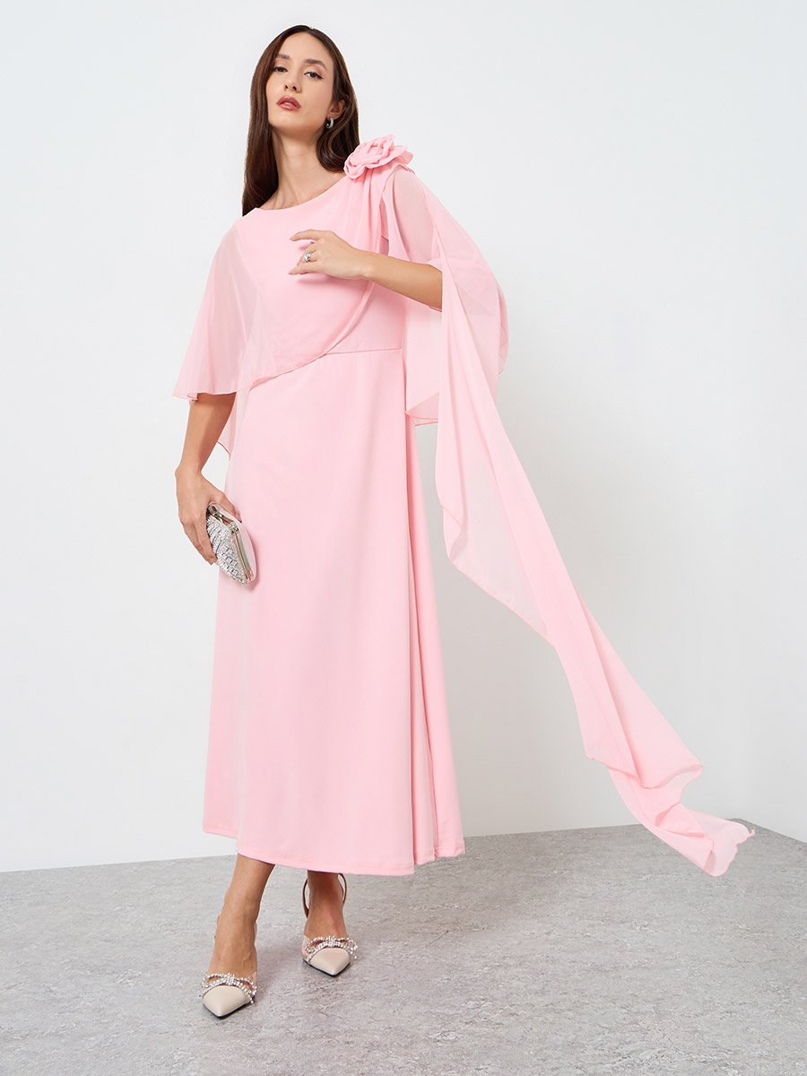 Women Draped Maxi Dress with Cape Sleeves