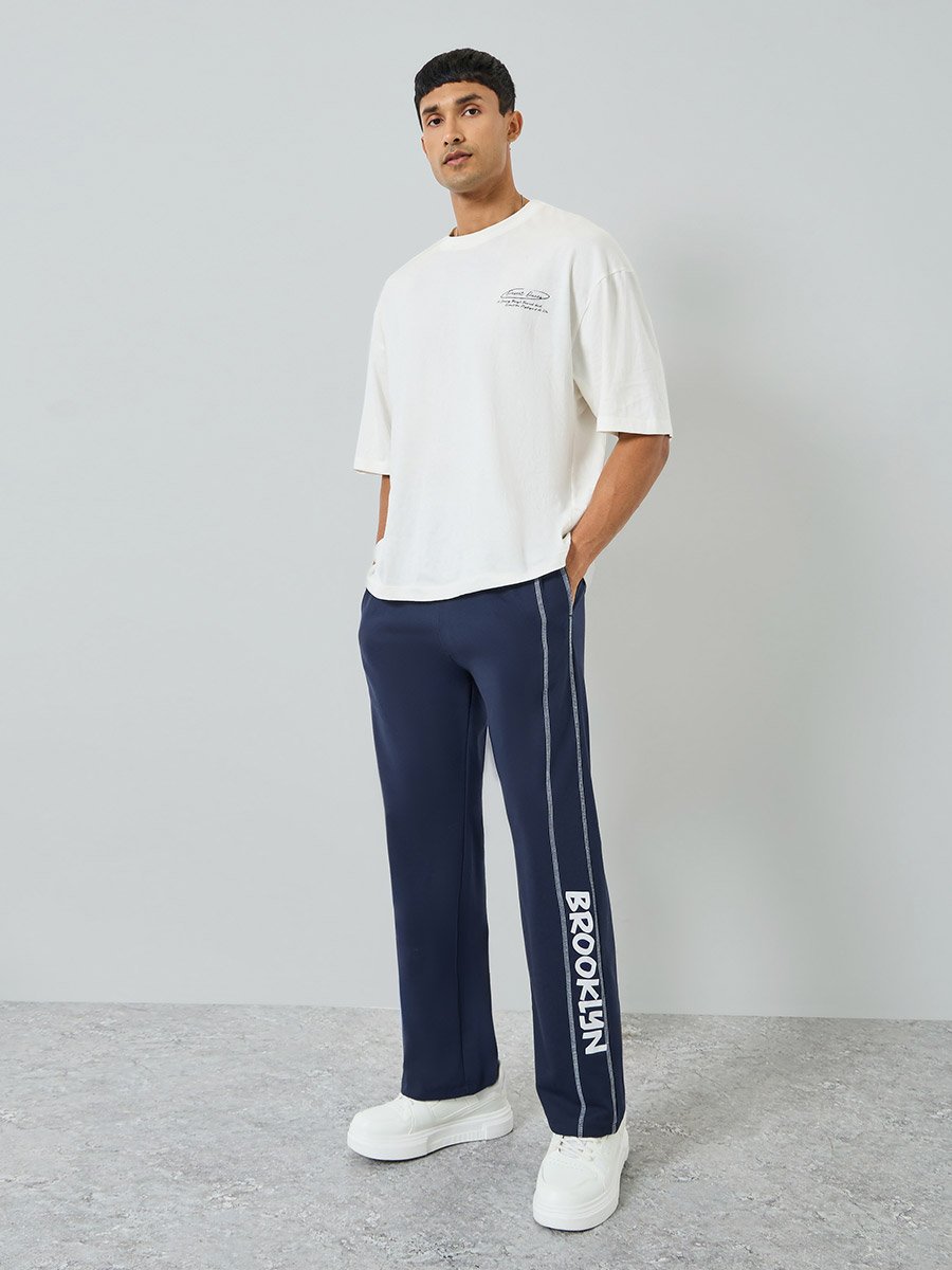 Men Navy Blue Oversized Side Panel Print Joggers