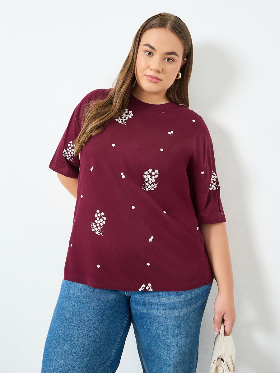 Plus Size Burgundy Floral Embroidered T-Shirt