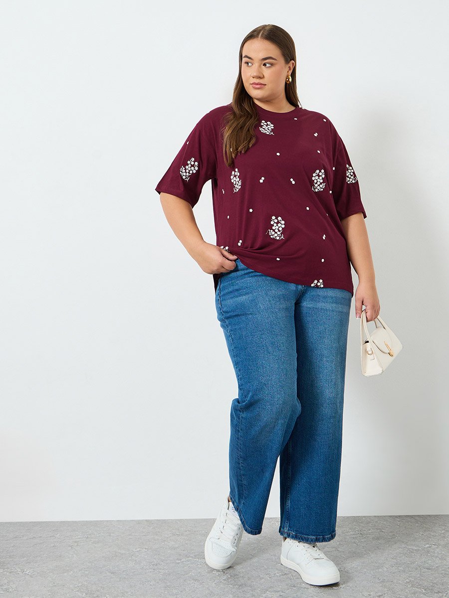 Plus Size Burgundy Floral Embroidered T-Shirt
