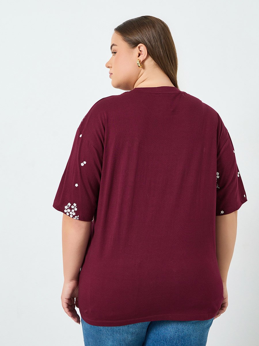 Plus Size Burgundy Floral Embroidered T-Shirt