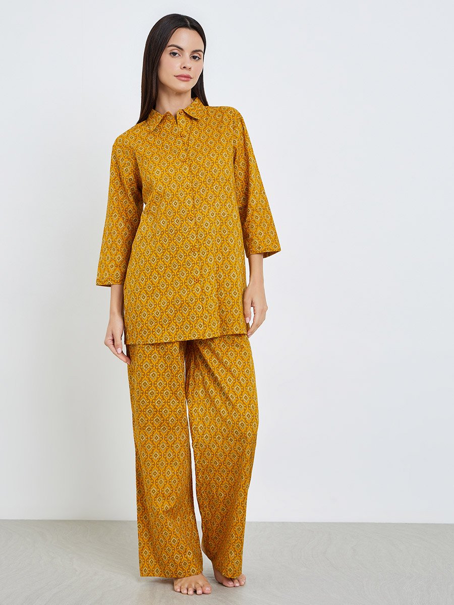 Geo Longline Cotton Shirt and Wide Leg Pyjama Set