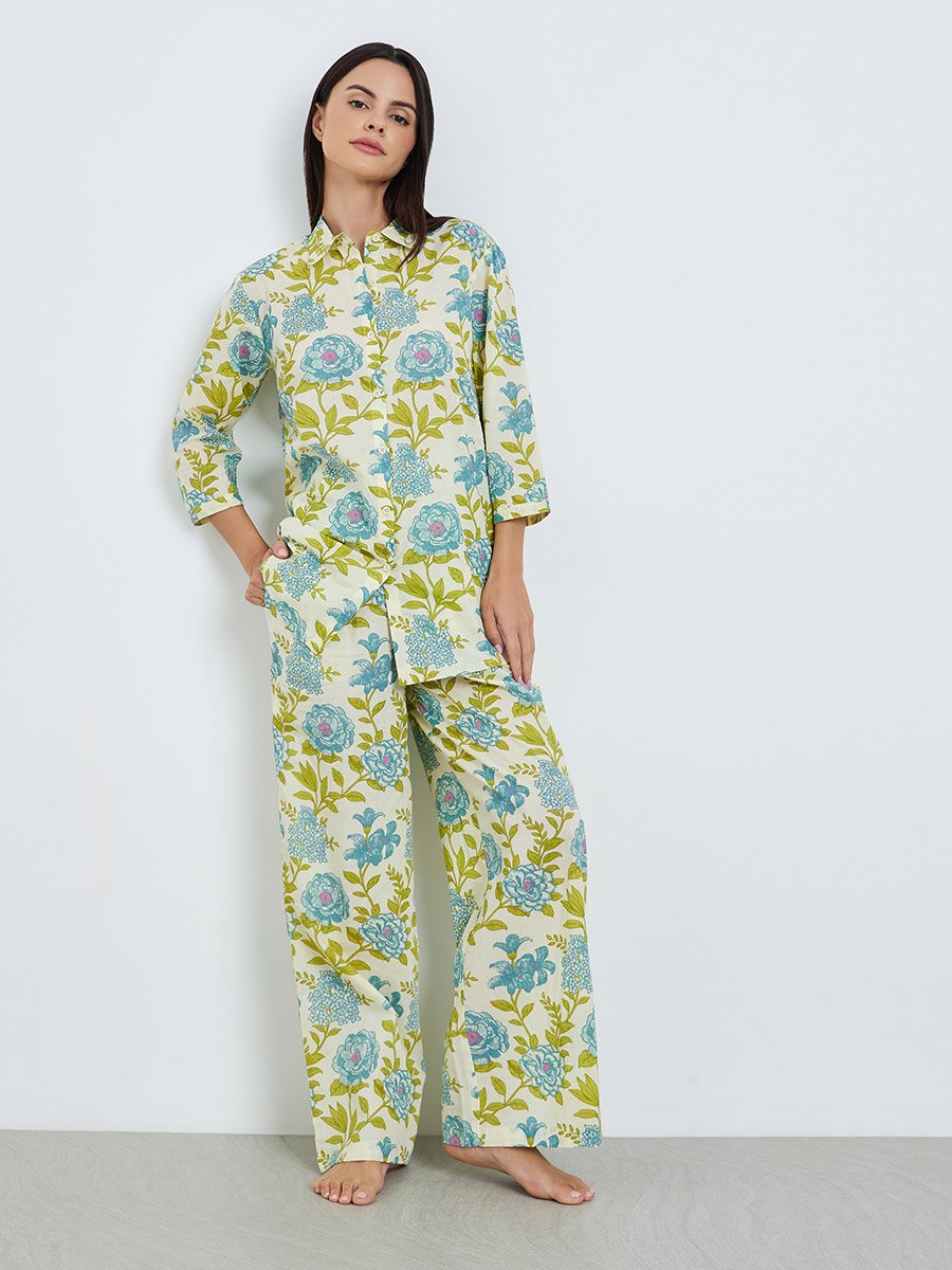Floral Longline Cotton Shirt and Wide Leg Pyjama Set