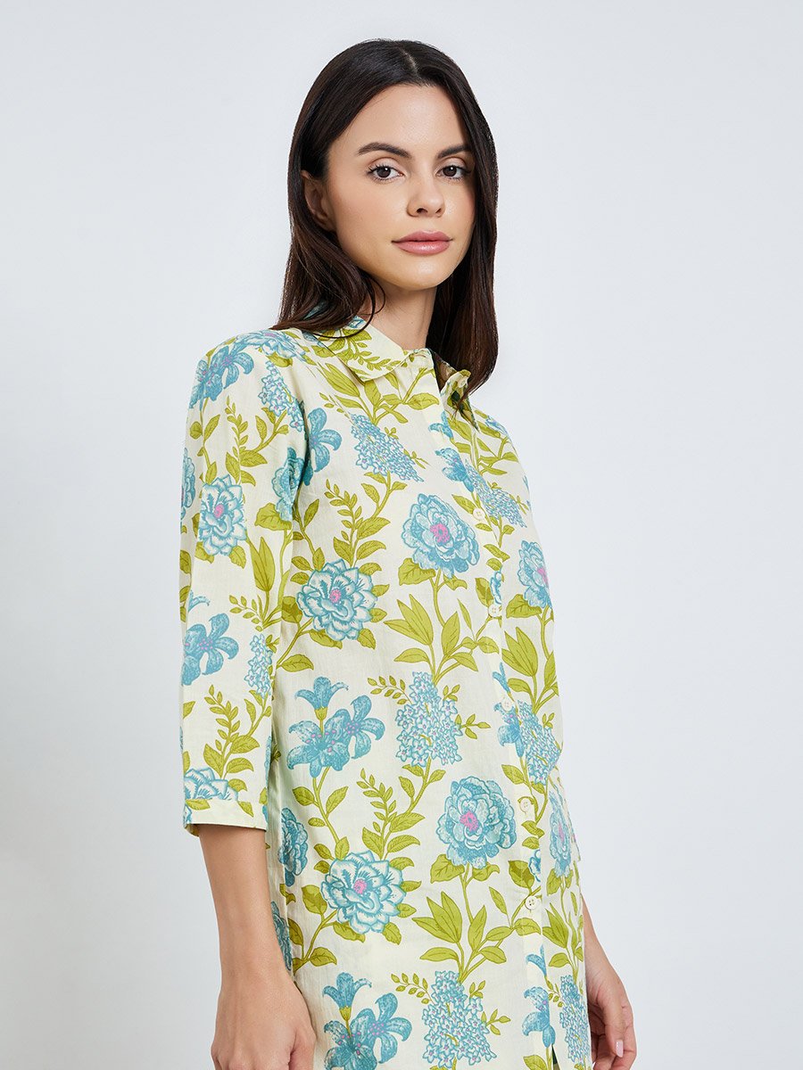 Floral Longline Cotton Shirt and Wide Leg Pyjama Set