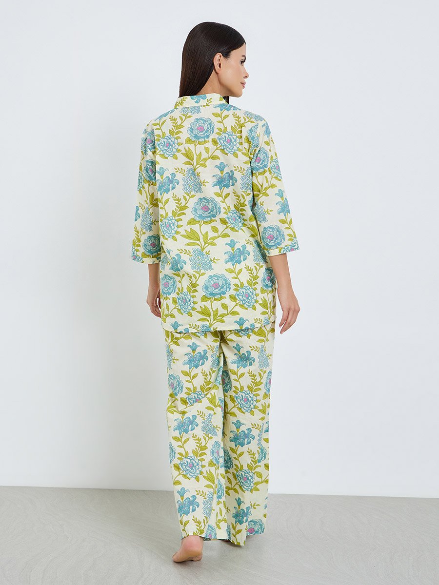 Floral Longline Cotton Shirt and Wide Leg Pyjama Set