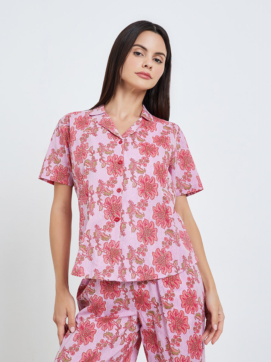 Floral Striped Cotton Shirt and Wide Leg Pyjama Set