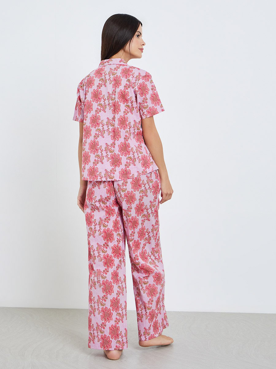 Floral Striped Cotton Shirt and Wide Leg Pyjama Set