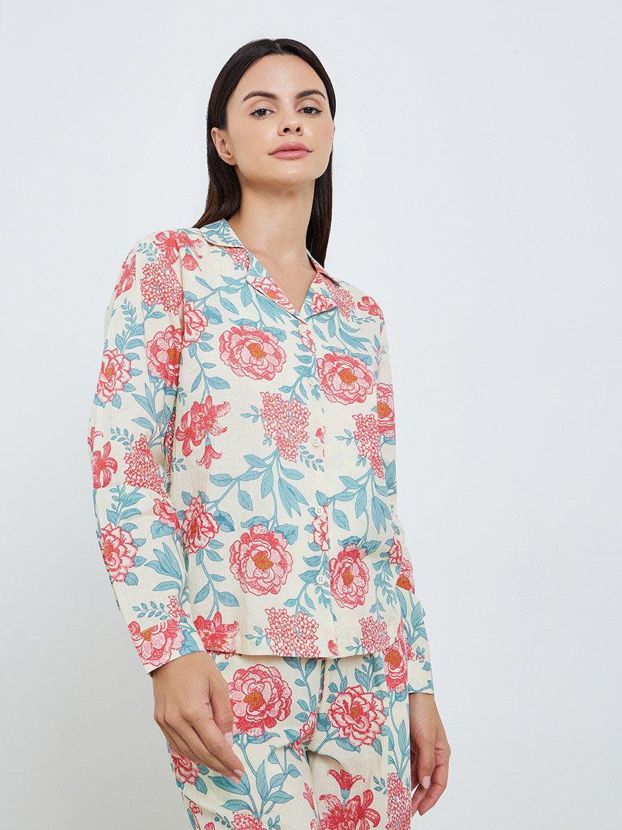 Floral Buttoned Cotton Shirt and Wide Leg Pyjama Set