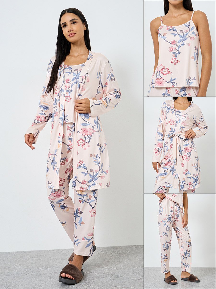 Pack of 3 - Floral Cami, Robe and Pyjama Set