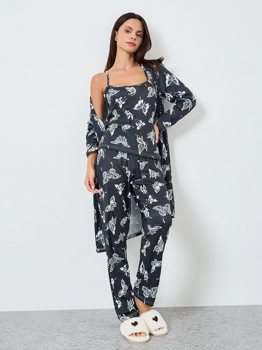 Pack of 3 - Butterfly Print Cami, Robe and Pyjama