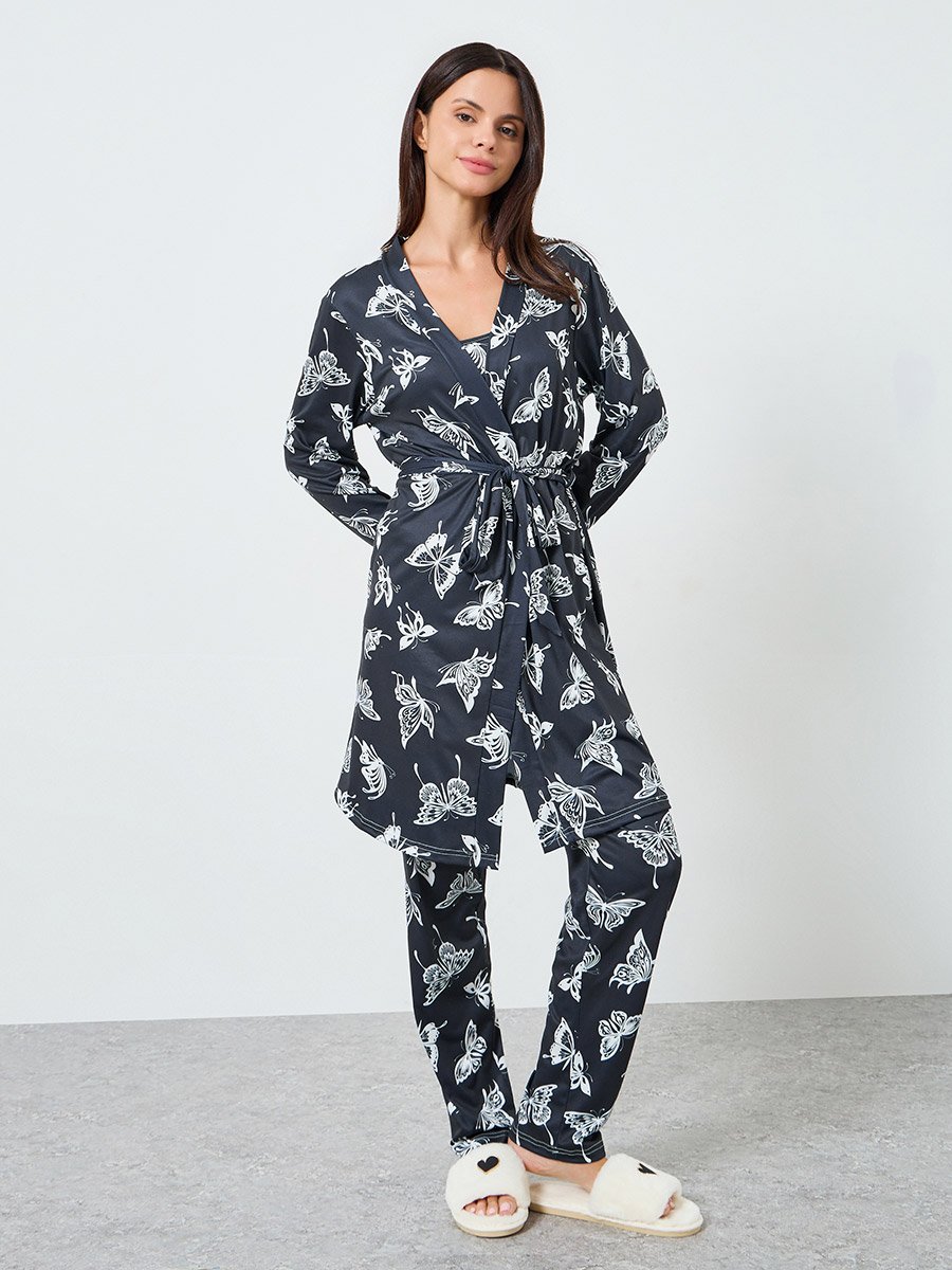 Pack of 3 - Butterfly Print Cami, Robe and Pyjama