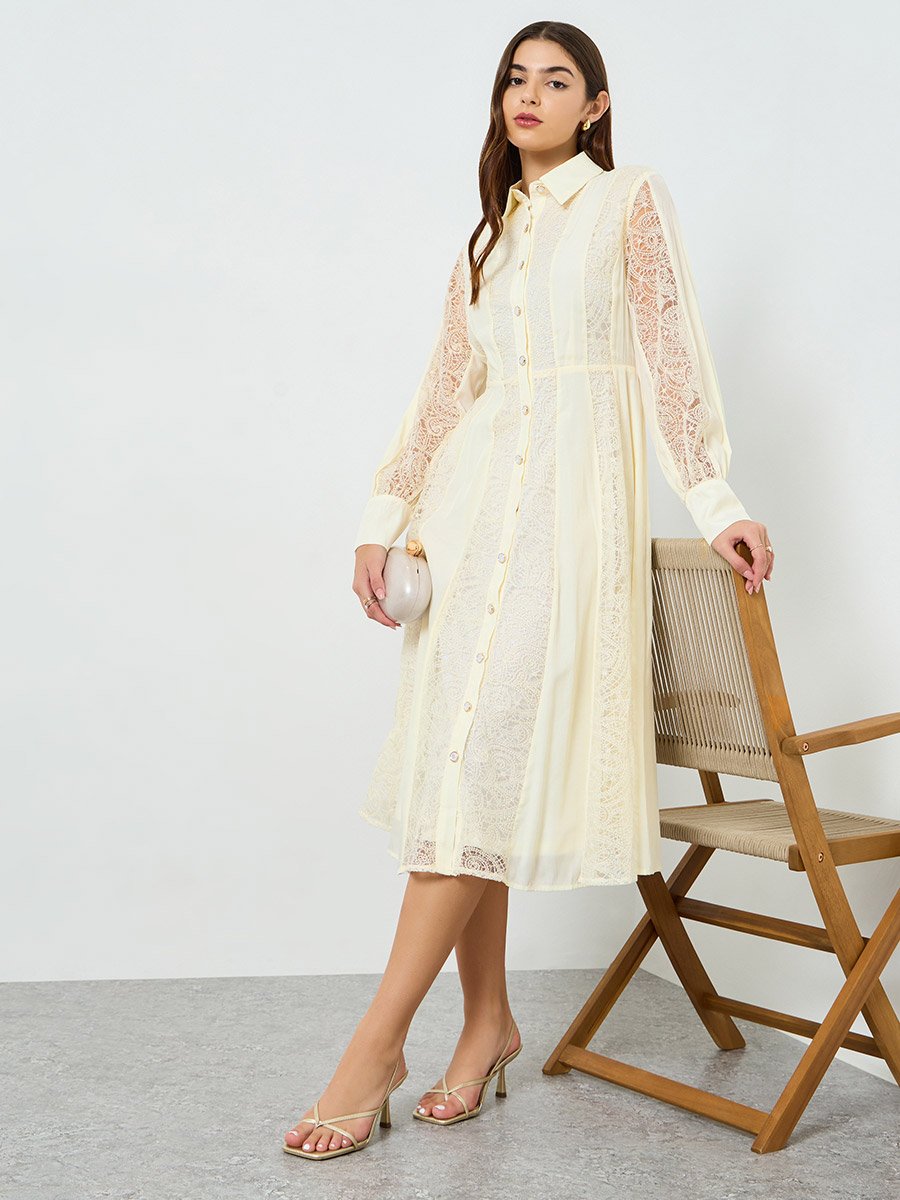 Women Cream Lace Shirt Midi Dress For Women at Bahrain | Styli Women Cream Lace Shirt Midi Dress For Women at Bahrain | Styli