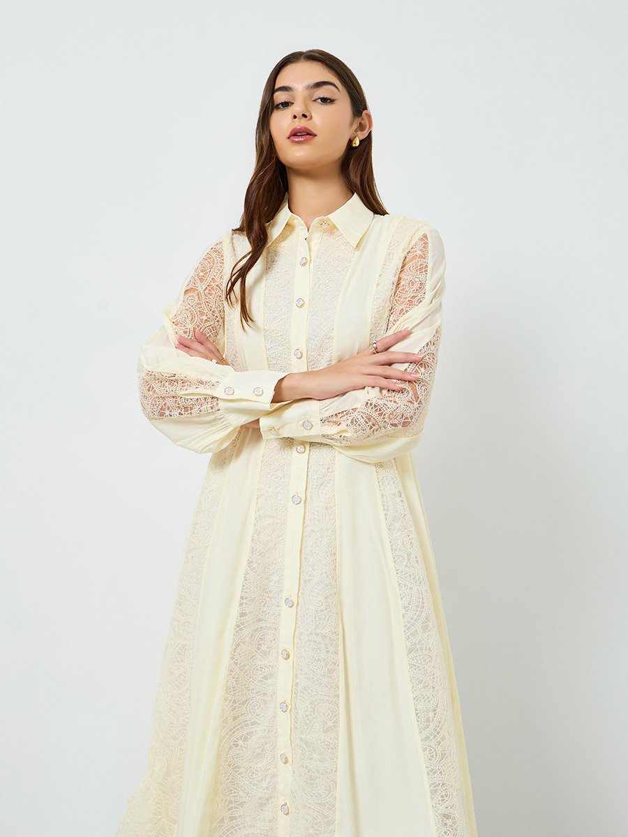 Women Cream Lace Shirt Midi Dress For Women at Oman | Styli