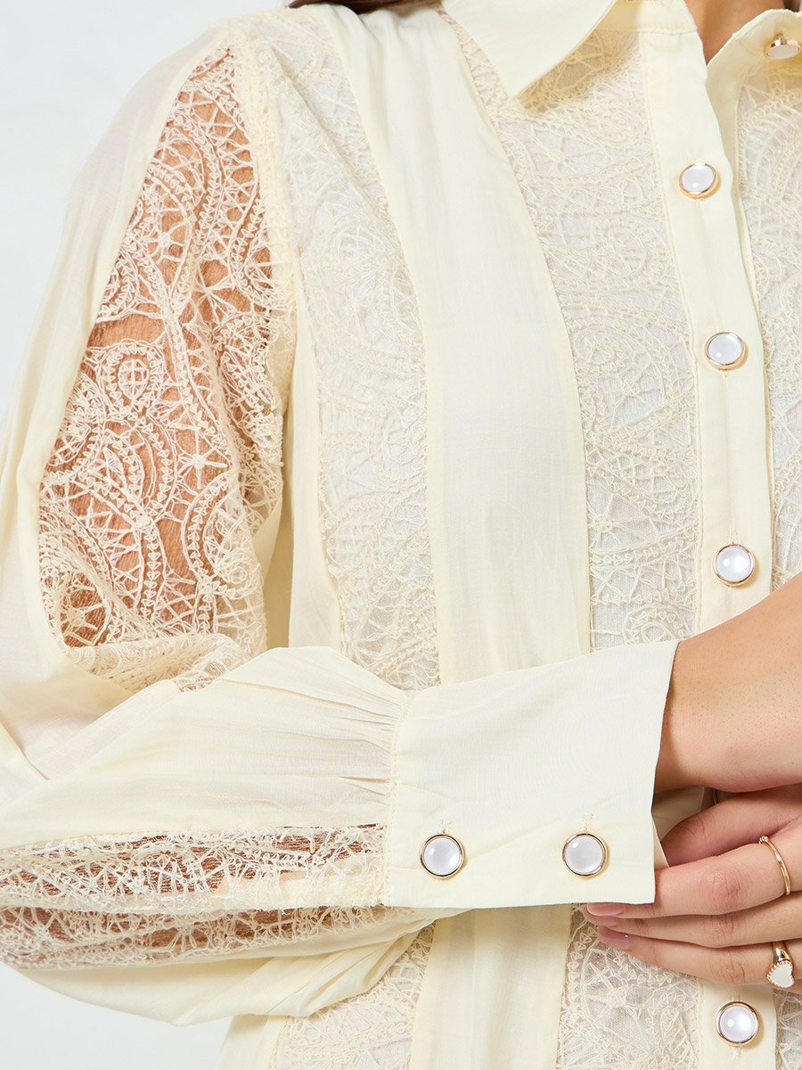 Women Cream Lace Shirt Midi Dress For Women at Oman | Styli