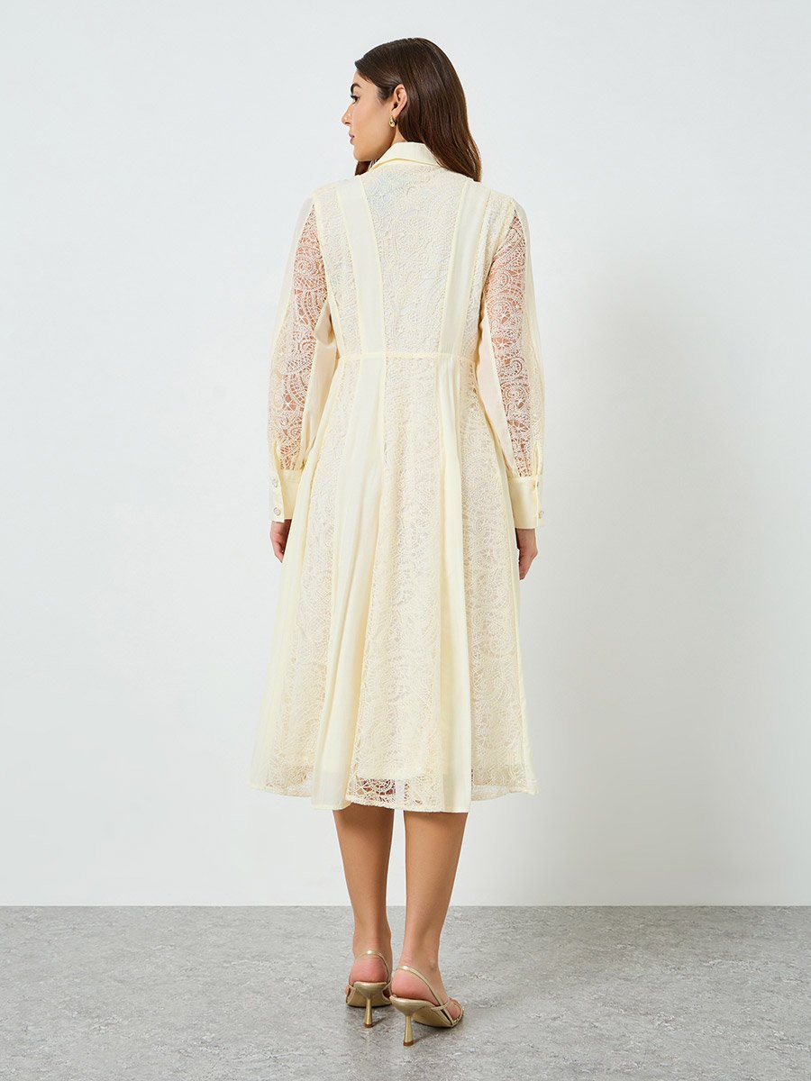 Women Cream Lace Shirt Midi Dress For Women at Bahrain | Styli Women Cream Lace Shirt Midi Dress For Women at Bahrain | Styli