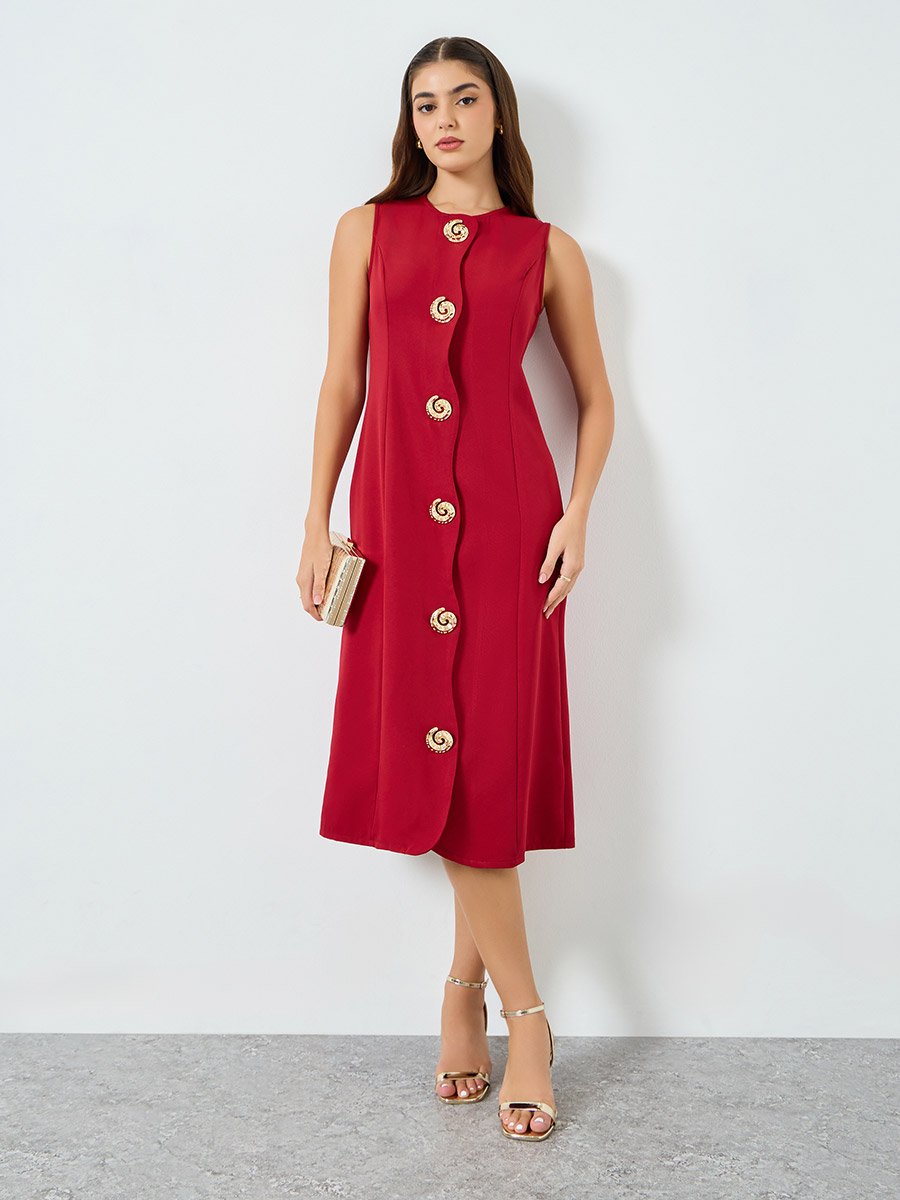 Women Red Sleeveless Midi Dress with Gold Buttons For Women at Bahrain | Styli Women Red Sleeveless Midi Dress with Gold Buttons For Women at Bahrain | Styli