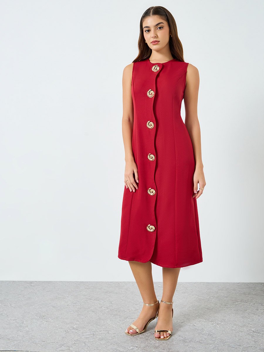Red Sleeveless Midi Dress with Buttons