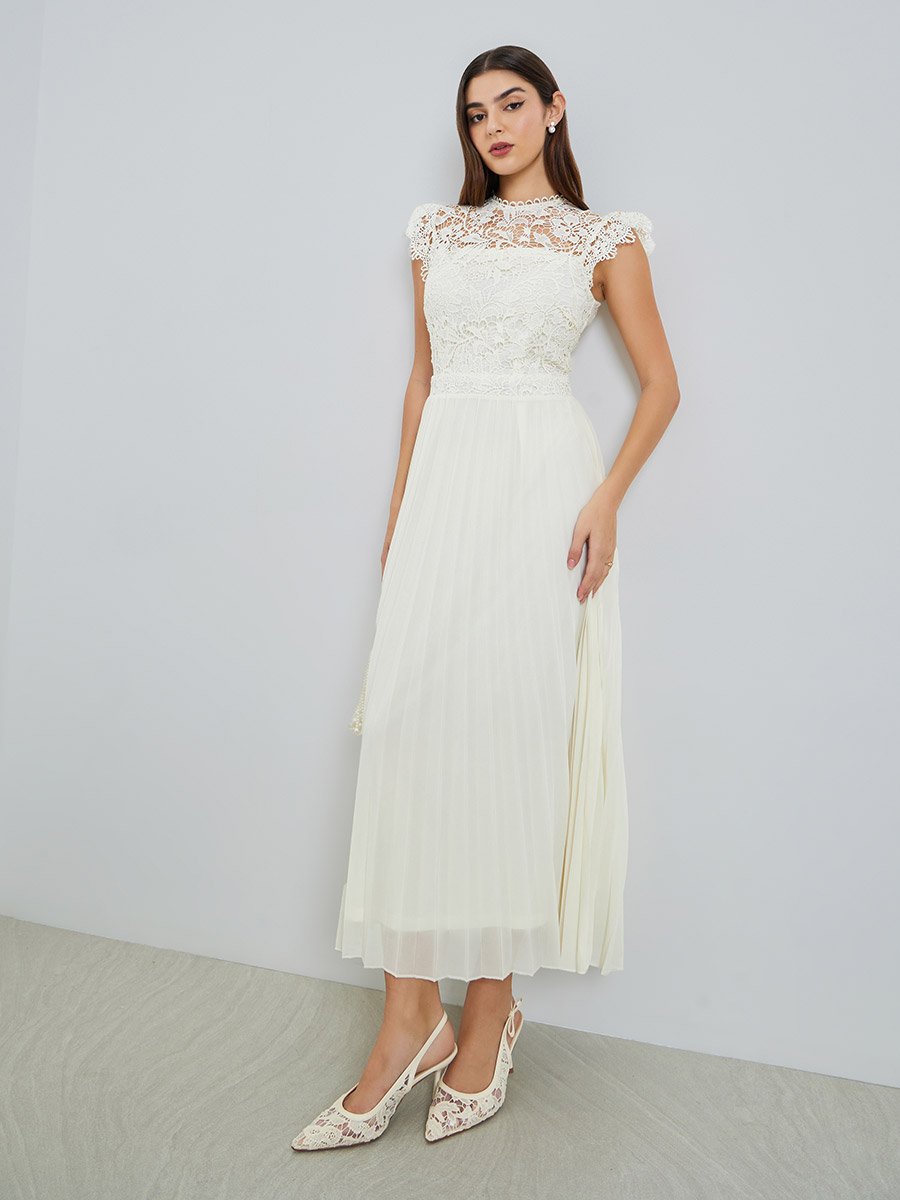 Women Cream Lace Sleeveless Pleated Midi Dress
