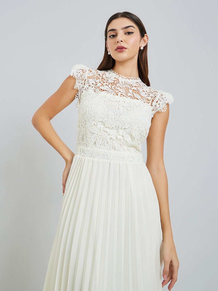 Women Cream Lace Sleeveless Pleated Midi Dress