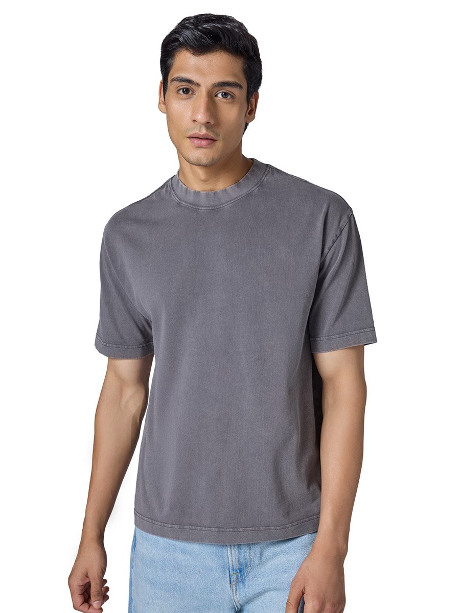 Men Grey Cotton Acid Wash T-Shirt