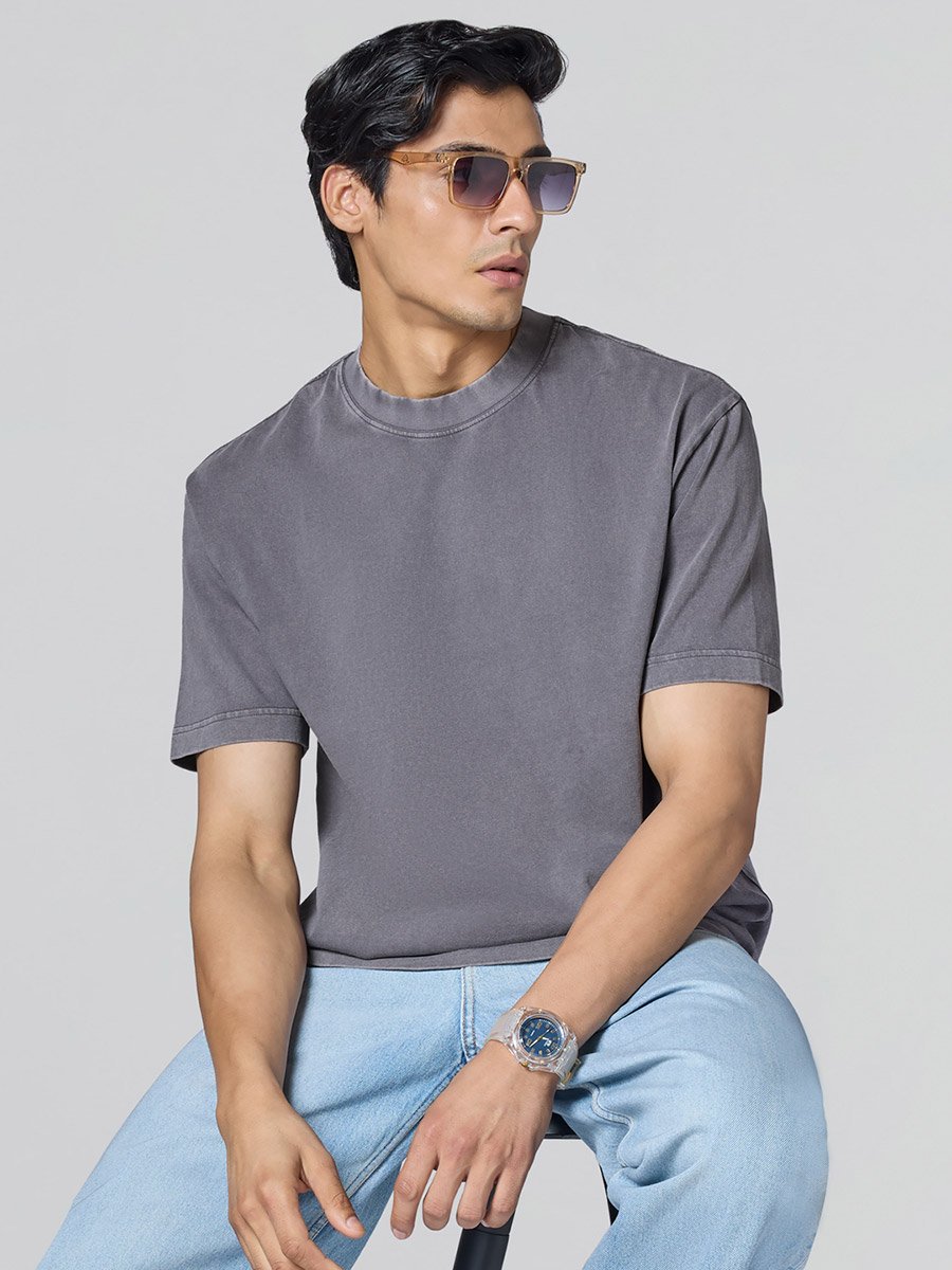 Men Grey Cotton Acid Wash T-Shirt