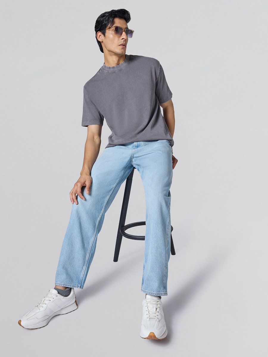 Men Grey Cotton Acid Wash T-Shirt