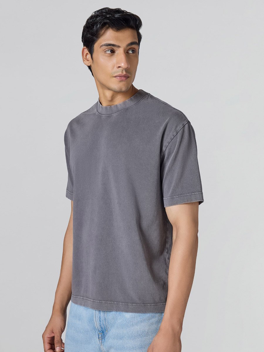 Men Grey Cotton Acid Wash T-Shirt