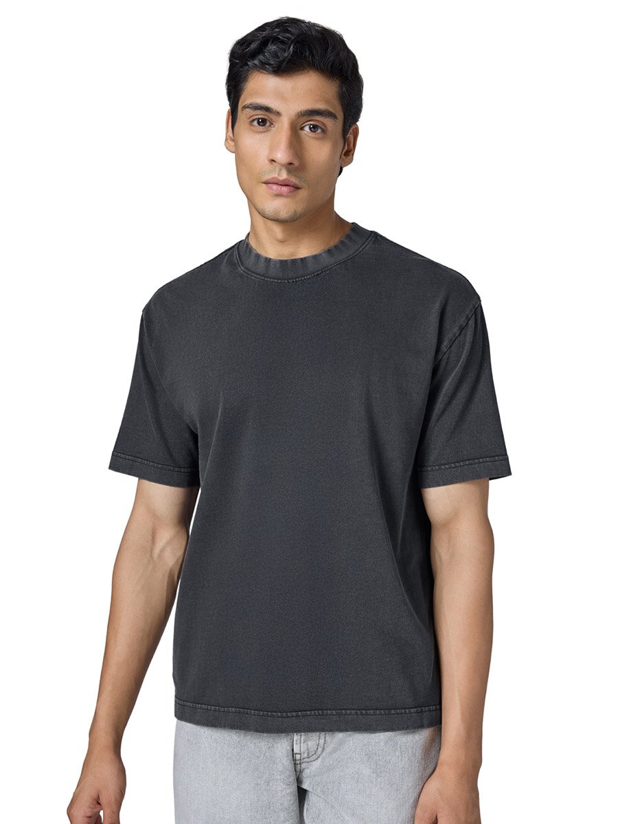 Men Black Cotton Acid Wash T-Shirt