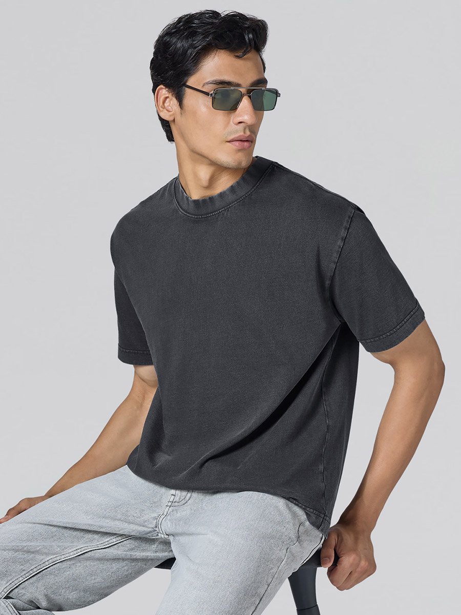 Men Black Cotton Acid Wash T-Shirt