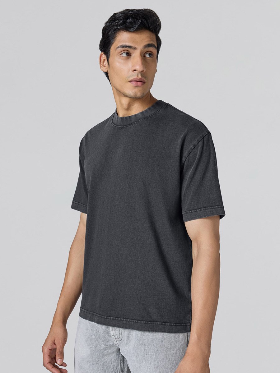 Men Black Cotton Acid Wash T-Shirt