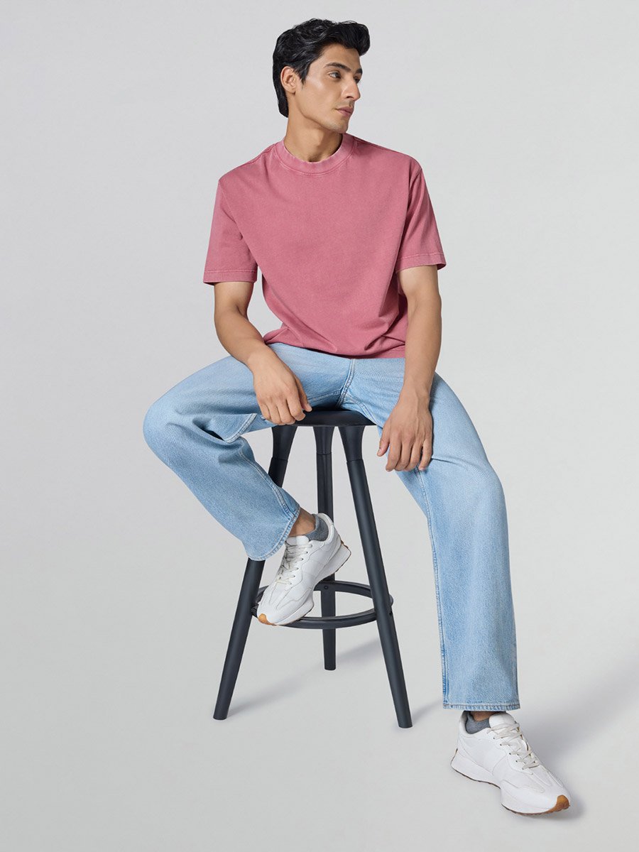 Men Pink Cotton Acid Wash T-Shirt