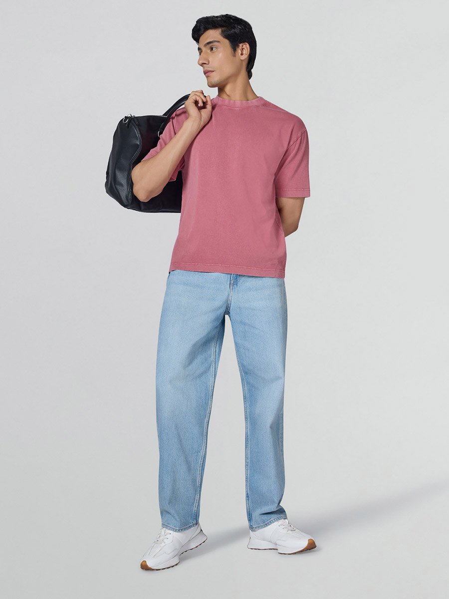 Men Pink Cotton Acid Wash T-Shirt