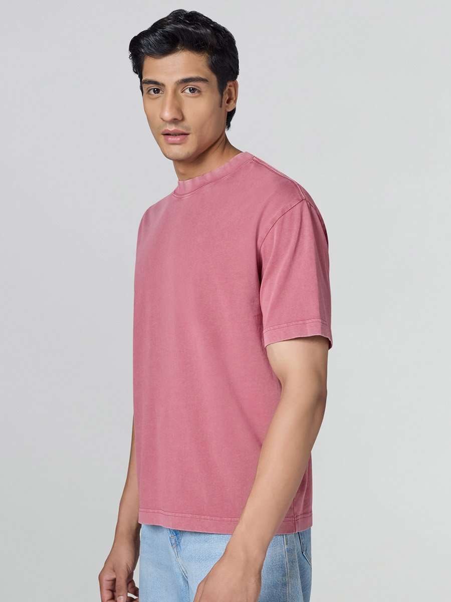 Men Pink Cotton Acid Wash T-Shirt