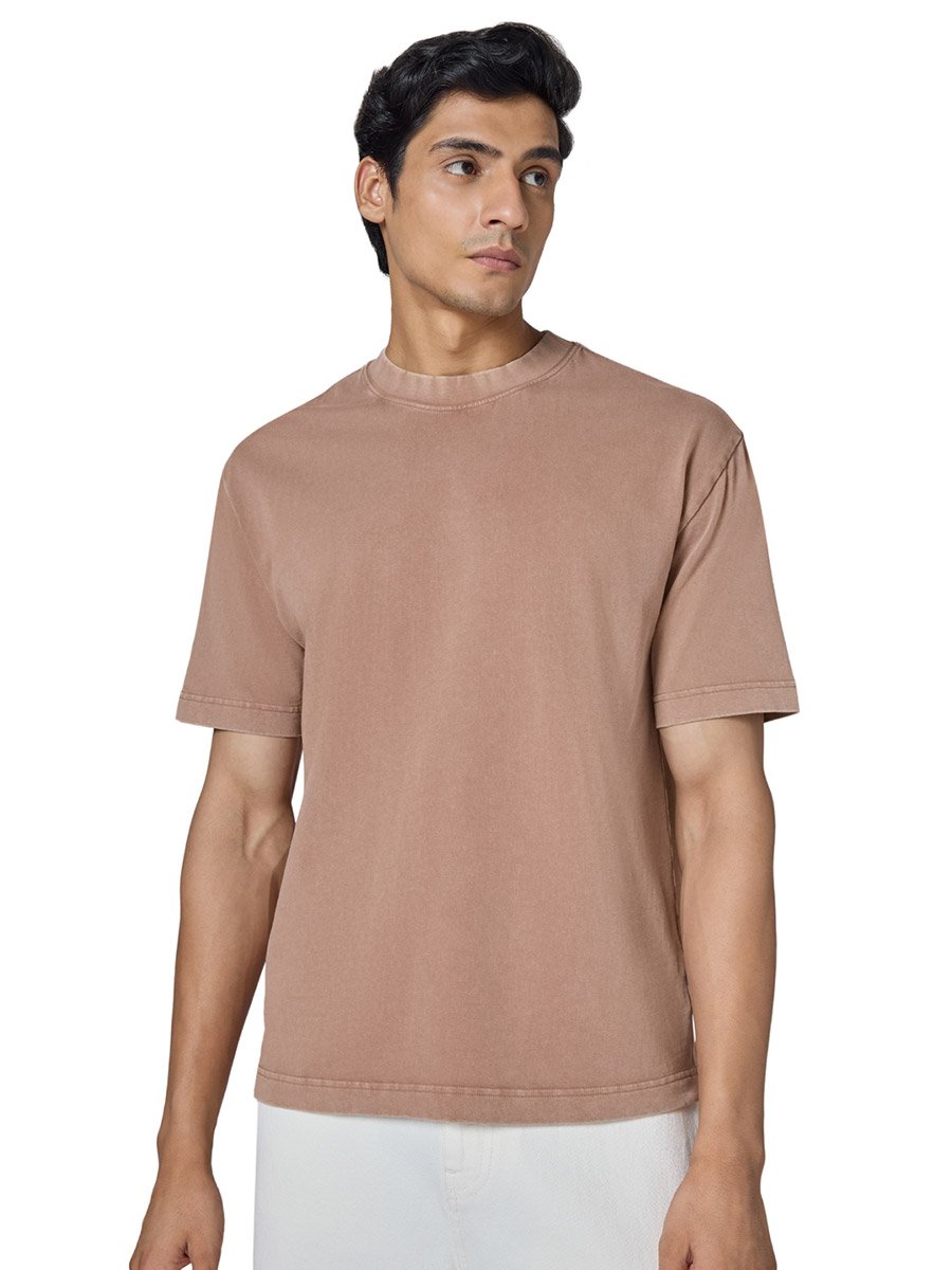 Men Brown Cotton Acid Wash T-Shirt
